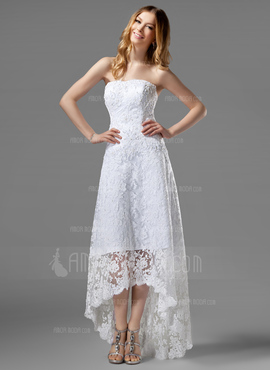 Ligne-A/Princesse Sans bretelles Assymetrique Satin Dentelle Robe de Mariée avec Perlé (002000226)