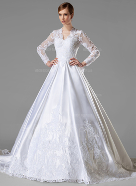 bal Col V Traîne Cathedral Satin Robe de Mariée avec Ondulé Dentelle (002004745)
