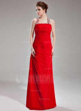 Nauwaansluitend Halter Vloerlengte Chiffon Avondjurk met Roes Beading Pailletten (017002264)
