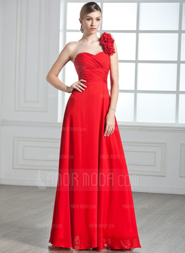 A-Lijn/Prinses Een-Schouder Vloerlengte Chiffon Avondjurk met Roes Bloem(En) (017002599)