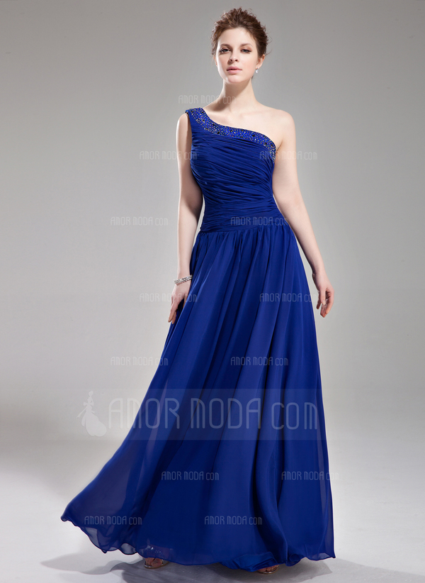 Ligne-A/Princesse Une epaule Longeur au sol Mousseline Robe de Soirée avec Ondulé Brodé (017004376)