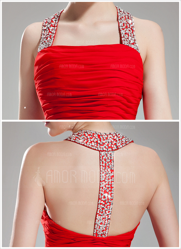 Nauwaansluitend Halter Vloerlengte Chiffon Avondjurk met Roes Beading Pailletten (017002264)