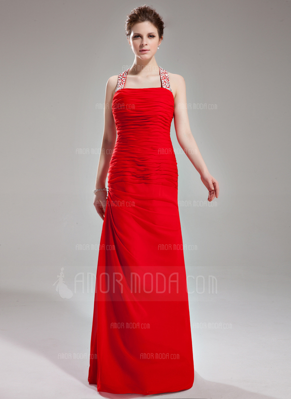Nauwaansluitend Halter Vloerlengte Chiffon Avondjurk met Roes Beading Pailletten (017002264)
