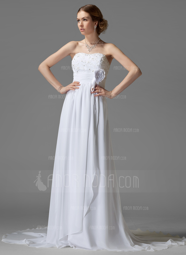 Empire Cœur Traine courte Mousseline Robe de Mariée avec Ondulé Dentelle Perlé Fleurs (002004001)