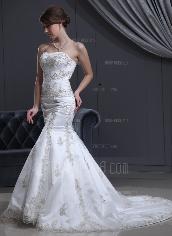Sirene Cœur Traine courte Satin Tulle Robe de Mariée avec Dentelle Perlé (002000301)