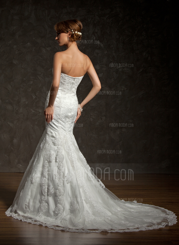 Sirene Sans bretelles Traîne Chapelle Satin Tulle Robe de Mariée avec lacet Perlé (002000634)