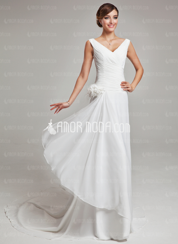 Ligne-A/Princesse Col V Traîne Chapelle Mousseline Satin Robe de Mariée avec Ondulé Plume Fleurs (002011459)