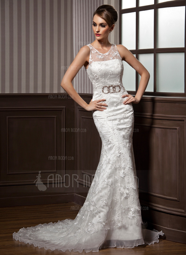 Sirene Col rond Traine courte Organza Satin Robe de Mariée avec Ondulé Dentelle Perlé (002011599)