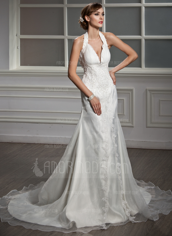 Ligne-A/Princesse Bretelles autour du cou Traine courte Organza Satin Robe de Mariée avec Ondulé Dentelle Perlé (002012015)