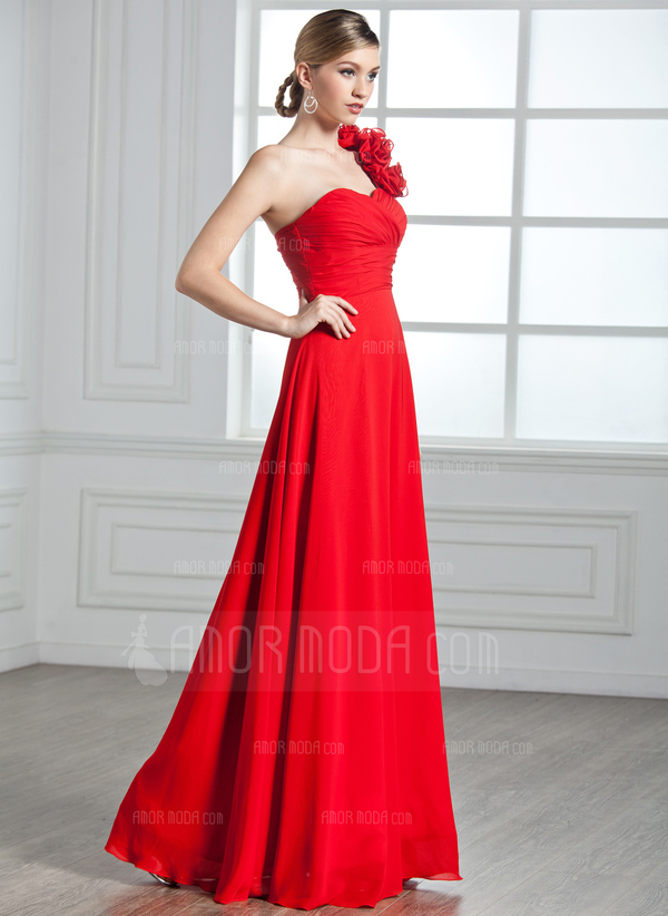 A-Lijn/Prinses Een-Schouder Vloerlengte Chiffon Avondjurk met Roes Bloem(En) (017002599)