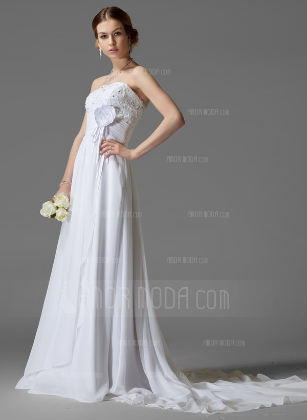 Empire Cœur Traine courte Mousseline Robe de Mariée avec Ondulé Dentelle Perlé Fleurs (002004001)