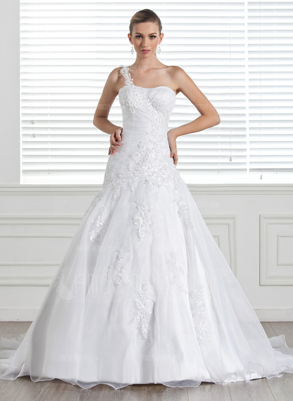 Ligne-A/Princesse Une epaule Traine courte Organza Satin Robe de Mariée avec Dentelle (002005321)