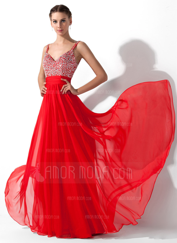Ligne-A/Princesse Col V Longeur au sol Mousseline Robe de Bal de Promo avec Ondulé Brodé Pailleté (018005105)
