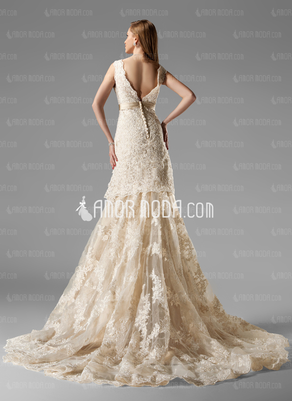 Ligne-A/Princesse Col V Traine courte Organza Satin Dentelle Robe de Mariée avec Perlé (002000249)