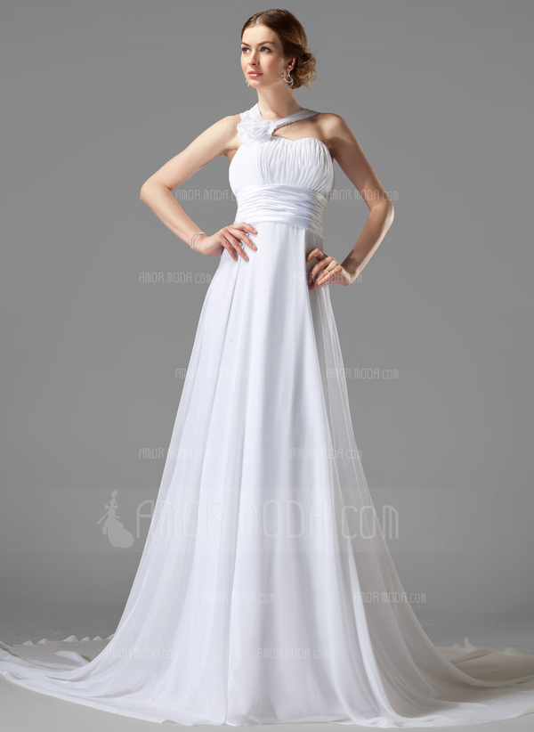 Empire Une epaule Traîne Chapelle Mousseline Charmeuse Robe de Mariée avec Ondulé Fleurs (002000447)