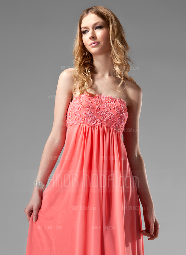 Keizer Strapless Vloerlengte Chiffon Vakantie Jurk met Roes Kant Kraal (020003264)