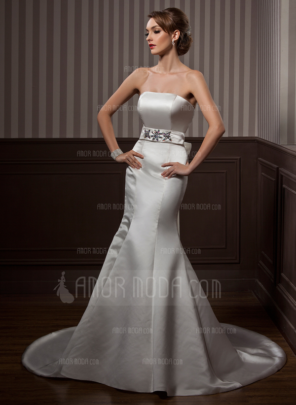 Sirene Cœur Traine courte Satin Robe de Mariée avec Echarpes Perlé (002001174)
