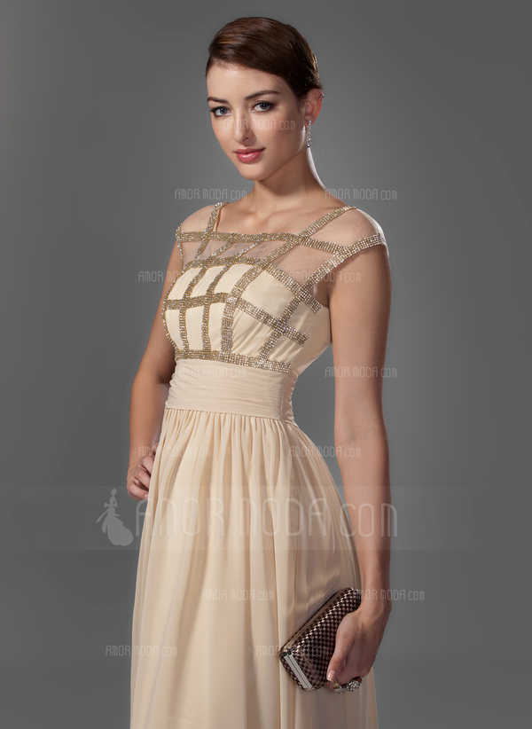 Ligne-A/Princesse Col rond Longeur au sol Mousseline Robe de Bal de Promo avec Ondulé Brodé (018005069)