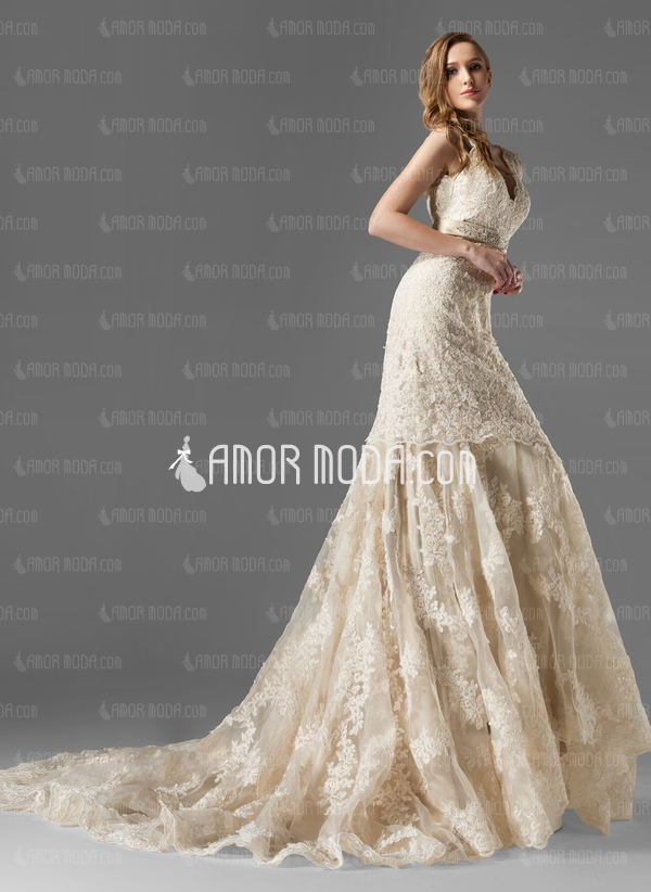 Ligne-A/Princesse Col V Traine courte Organza Satin Dentelle Robe de Mariée avec Perlé (002000249)