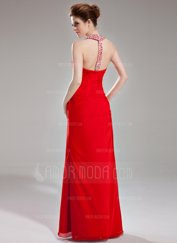 Nauwaansluitend Halter Vloerlengte Chiffon Avondjurk met Roes Beading Pailletten (017002264)