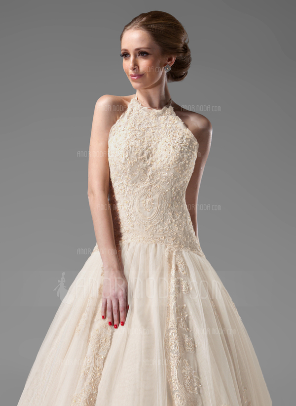 Ligne-A/Princesse Bretelles autour du cou Traîne Chapelle Satin Tulle Robe de Mariée avec Dentelle Perlé (002000154)