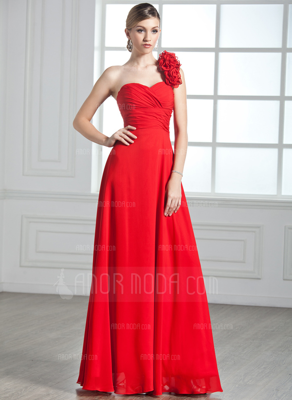 A-Lijn/Prinses Een-Schouder Vloerlengte Chiffon Avondjurk met Roes Bloem(En) (017002599)