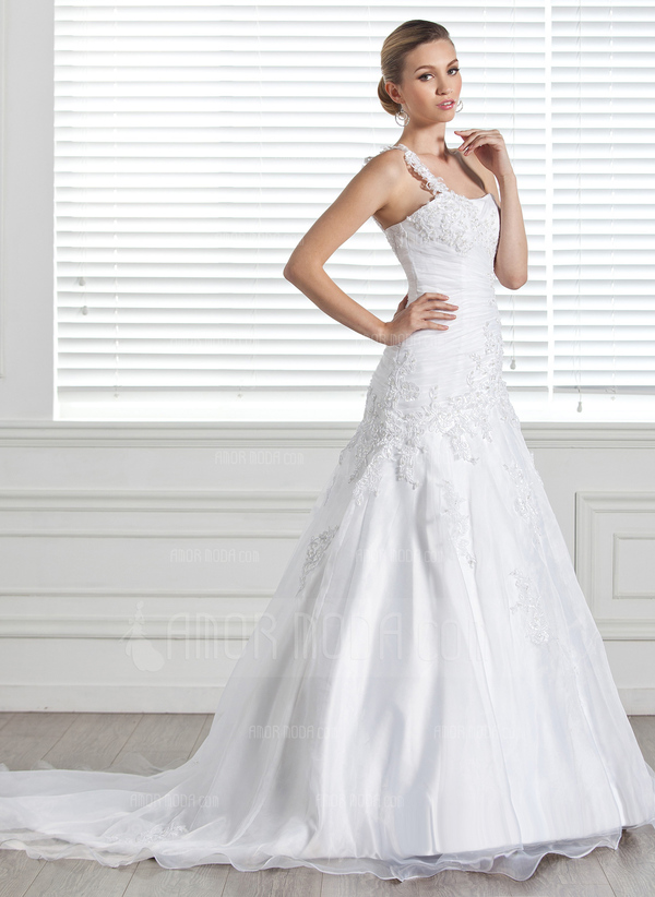 Ligne-A/Princesse Une epaule Traine courte Organza Satin Robe de Mariée avec Dentelle (002005321)