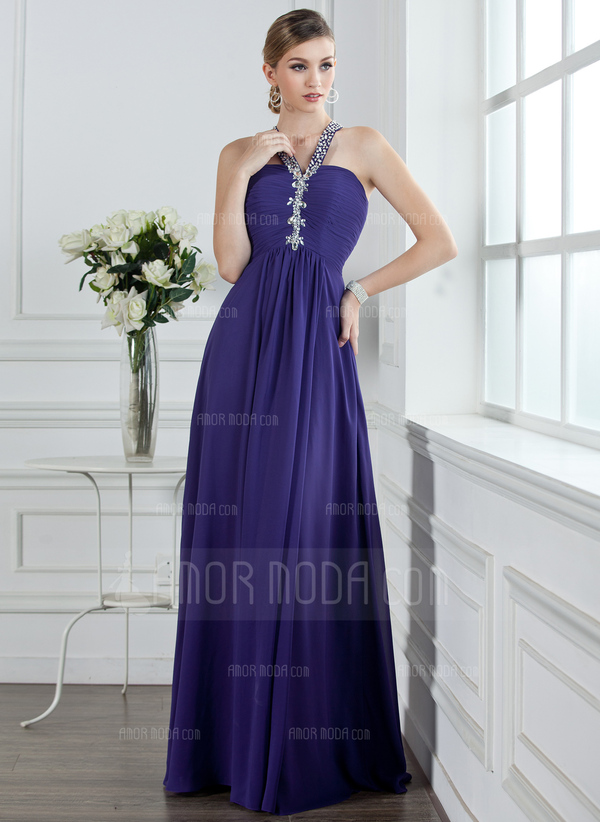 Ligne-A/Princesse Col V Longeur au sol Mousseline Robe de Bal de Promo avec Ondulé Brodé (018004956)