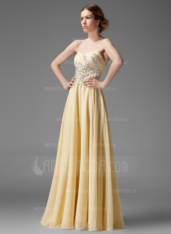 Ligne-A/Princesse Cœur Longeur au sol Mousseline Robe de Bal de Promo avec Ondulé Brodé (018004901)
