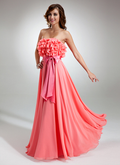 Robe de Bal de Promo Ligne-A/Princesse Sans bretelles Longeur au sol Mousseline Charmeuse Robes de Bal de Promo avec Bretelle (018016365)
