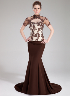 Avondjurken Zeemeermin Hoge Neck Lange Sleep Satin Tule Satijnzijde Avondjurk met Lace Kraal Lovertjes (017019454)