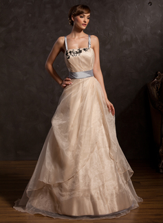 Robe de Bal de Promo Ligne-A/Princesse Longeur au sol Taffetas Organza Robe de Bal de Promo avec Ondulé Bretelle Appliques (018015055)