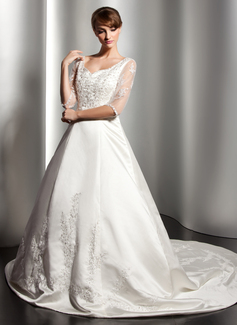 Robe de Mariée bal Col V Traîne Chapelle Satin Robe de Mariée avec Dentelle Perlé (002014523)
