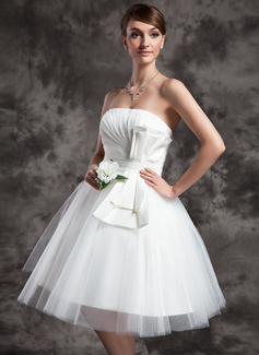Robe de Mariée Ligne-A/Princesse Sans bretelles Longeur à mi jambe Satin Tulle Robe de Mariée avec Ondulé (002024070)