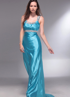 Robe de Bal de Promo Ligne-A/Princesse Col rond Traine longue Charmeuse Robe de Bal de Promo avec Ondulé Perles (018013060)