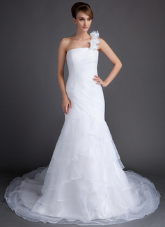 Robe de Mariée Ligne-A/Princesse Une epaule Traîne Chapelle Organza Robe de Mariée avec Ondulé Fleurs (002015802) Robe de Mariée Ligne-A/Princesse Une epaule Traîne Chapelle Organza Robe de Mariée avec Ondulé Fleurs (002015802)