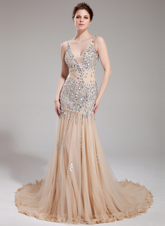 Robe de Bal de Promo Gaine Col V Traine courte Tulle Robe de Bal de Promo avec Perles (018018993)