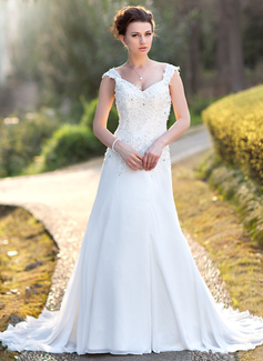 Robe de Mariée Ligne-A/Princesse Col V Traîne Chapelle mousseline de soie Robe de Mariée avec dentelle Perlé Pailleté (002000159) Robe de Mariée Ligne-A/Princesse Col V Traîne Chapelle mousseline de soie Robe de Mariée avec dentelle Perlé Pailleté (002000159)