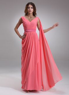 Avondjurken A-Lijn/Prinses V-nek Vloerlengte Chiffon Satijnzijde Avondjurken met Roes (017022552) Avondjurken A-Lijn/Prinses V-nek Vloerlengte Chiffon Satijnzijde Avondjurken met Roes (017022552)