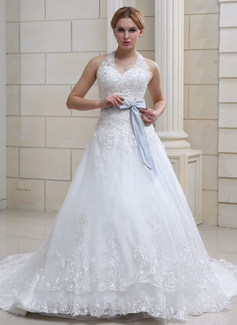 Robe de Mariée bal Bretelles autour du cou Traîne Cathedral Organza Satin Robe de Mariée avec Dentelle Echarpes Broche florale en cristal (002011690) Robe de Mariée bal Bretelles autour du cou Traîne Cathedral Organza Satin Robe de Mariée avec Dentelle Echarpes Broche florale en cristal (002011690)