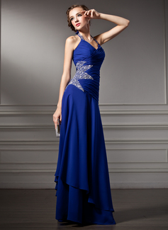 Robe de Bal de Promo Ligne-A/Princesse Bretelles autour du cou Longeur au sol mousseline de soie Robe de Bal de Promo avec Ondulé Brodé (018005003)