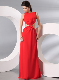Avondjurken A-Lijn/Prinses Ronde Hals Vloerlengte Chiffon Avondjurken met Roes (017014000)