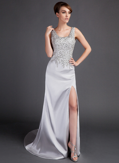 Robe de Bal de Promo Gaine Col rond Traine courte Satin plastique Robe de Bal de Promo avec Dentelle Perles (018015893)