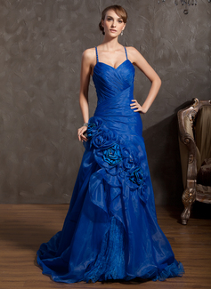 Robe de Bal de Promo Ligne-A/Princesse Col V Traine courte Organza Robe de Bal de Promo avec Ondulé Brodé Fleurs (018014913)