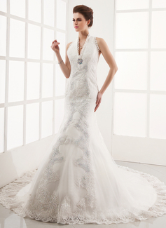 Robe de Mariée Sirene Bretelles autour du cou Traîne Chapelle Satin Tulle Robe de Mariée avec Dentelle Perlé (002001251) Robe de Mariée Sirene Bretelles autour du cou Traîne Chapelle Satin Tulle Robe de Mariée avec Dentelle Perlé (002001251)