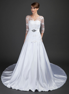 Robe de Mariée Ligne-A/Princesse Col V Traîne Chapelle Satin Tulle Robe de Mariée avec Dentelle Perlé Pailleté (002015367)