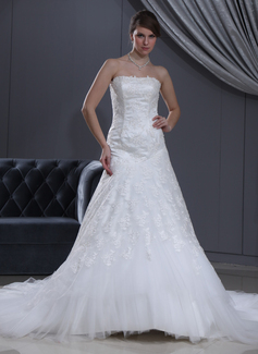 Robe de Mariée Ligne-A/Princesse Cœur Traîne Chapelle Satin Tulle Robes de Mariée avec Dentelle Perlé (002000165) Robe de Mariée Ligne-A/Princesse Cœur Traîne Chapelle Satin Tulle Robes de Mariée avec Dentelle Perlé (002000165)