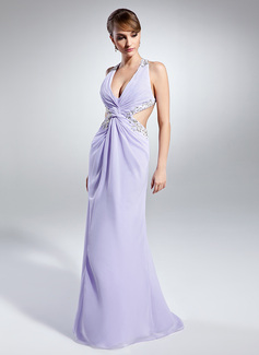 Robe de Bal de Promo Gaine Col V Longeur au sol Mousseline Robe de Bal de Promo avec Ondulé Dentelle Brodé Pailleté (018015067)