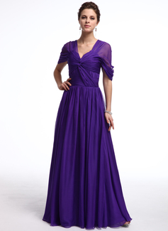 Avondjurken A-Lijn/Prinses Open-Schouder Vloerlengte Chiffon Avondjurk met Roes (017025323)