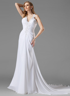 Robe de Mariée Coupe droite Bretelles autour du cou Traine courte Mousseline Robe de Mariée avec Ondulé Perlé (002000442)